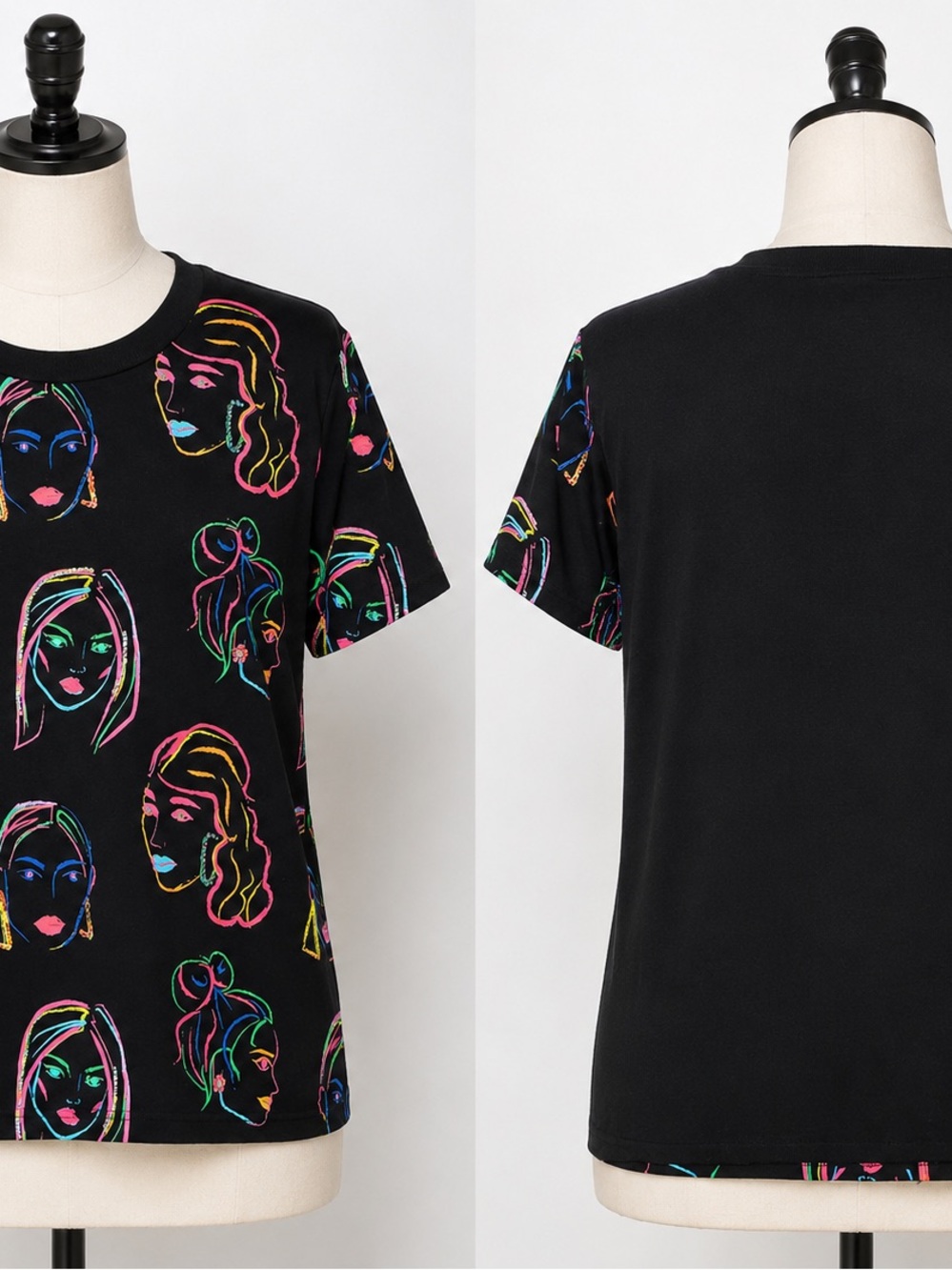 Black Graphic Face Print Tee with Neon Accents